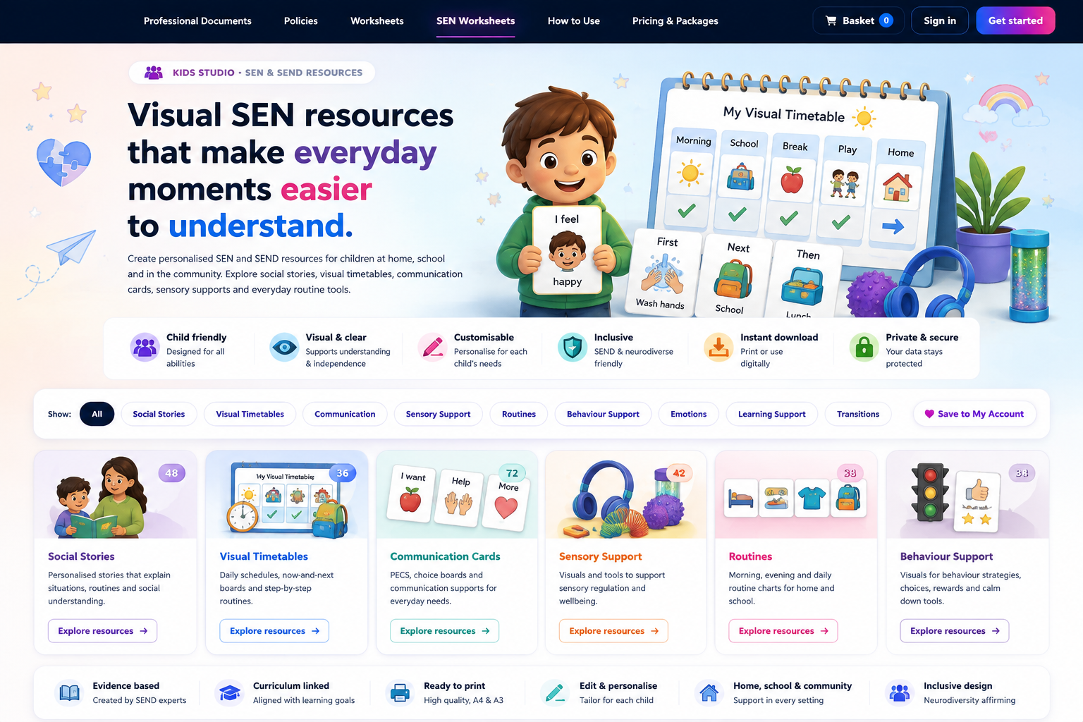 SEN and SEND resources library with visual timetables, communication cards, sensory supports, routines and social stories