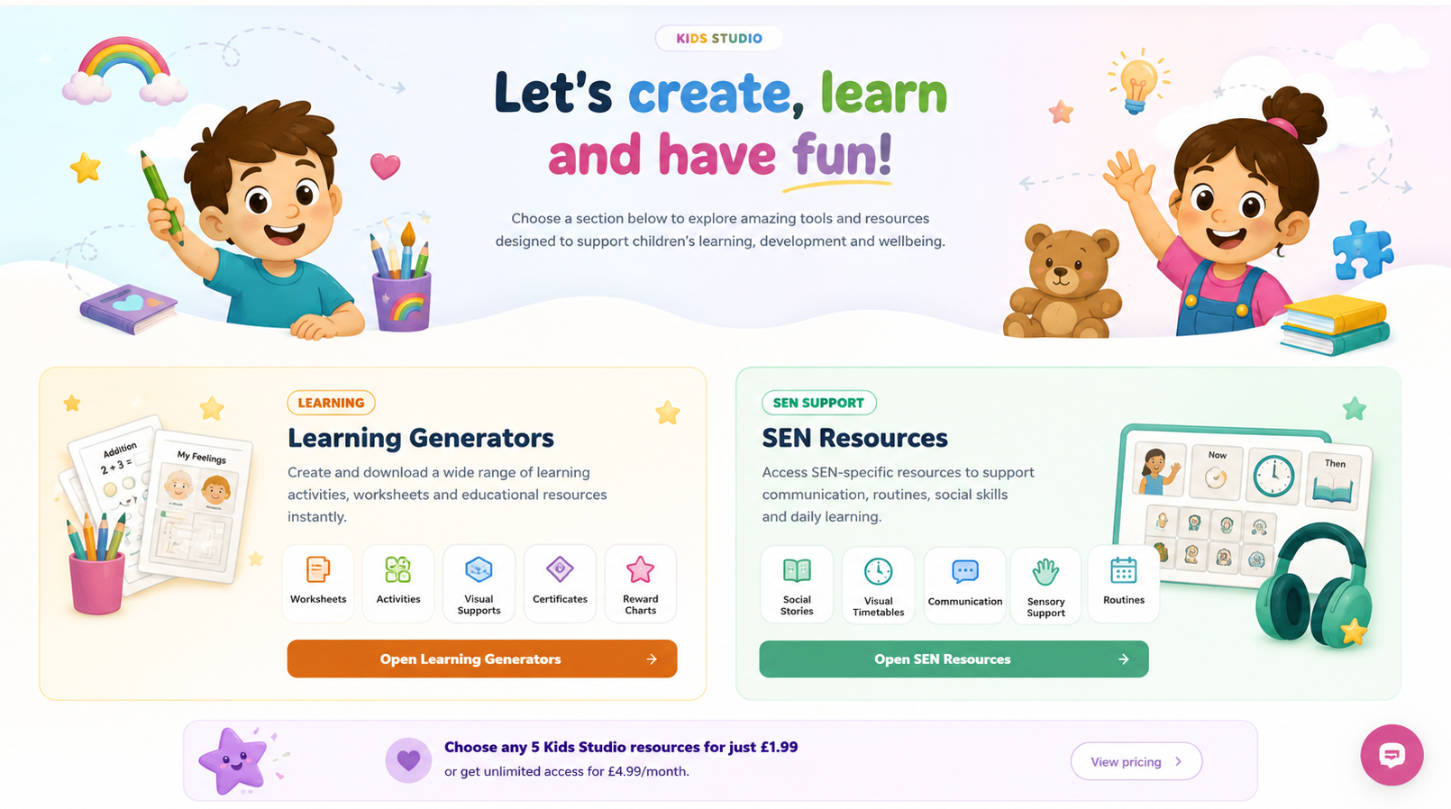 Kids Studio printable learning and SEN resource workspace
